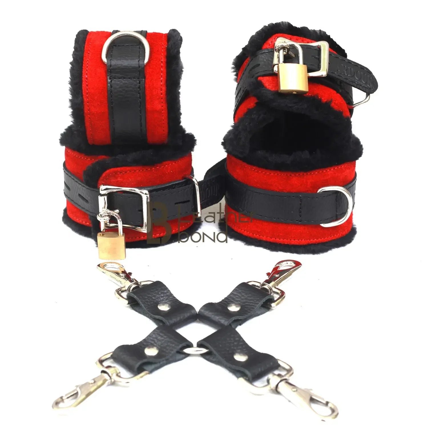 Real Cowhide Suede Leather Wrist and Ankle Cuffs Restraint Bondage Set Red & Black 5 Piece Padded Fluffy Fur Lining
