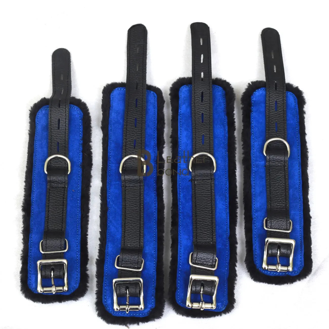 Real Cowhide Suede Leather Wrist and Ankle Cuffs Restraint Bondage Set Blue & Black 5 Piece Padded Fluffy Fur Lining