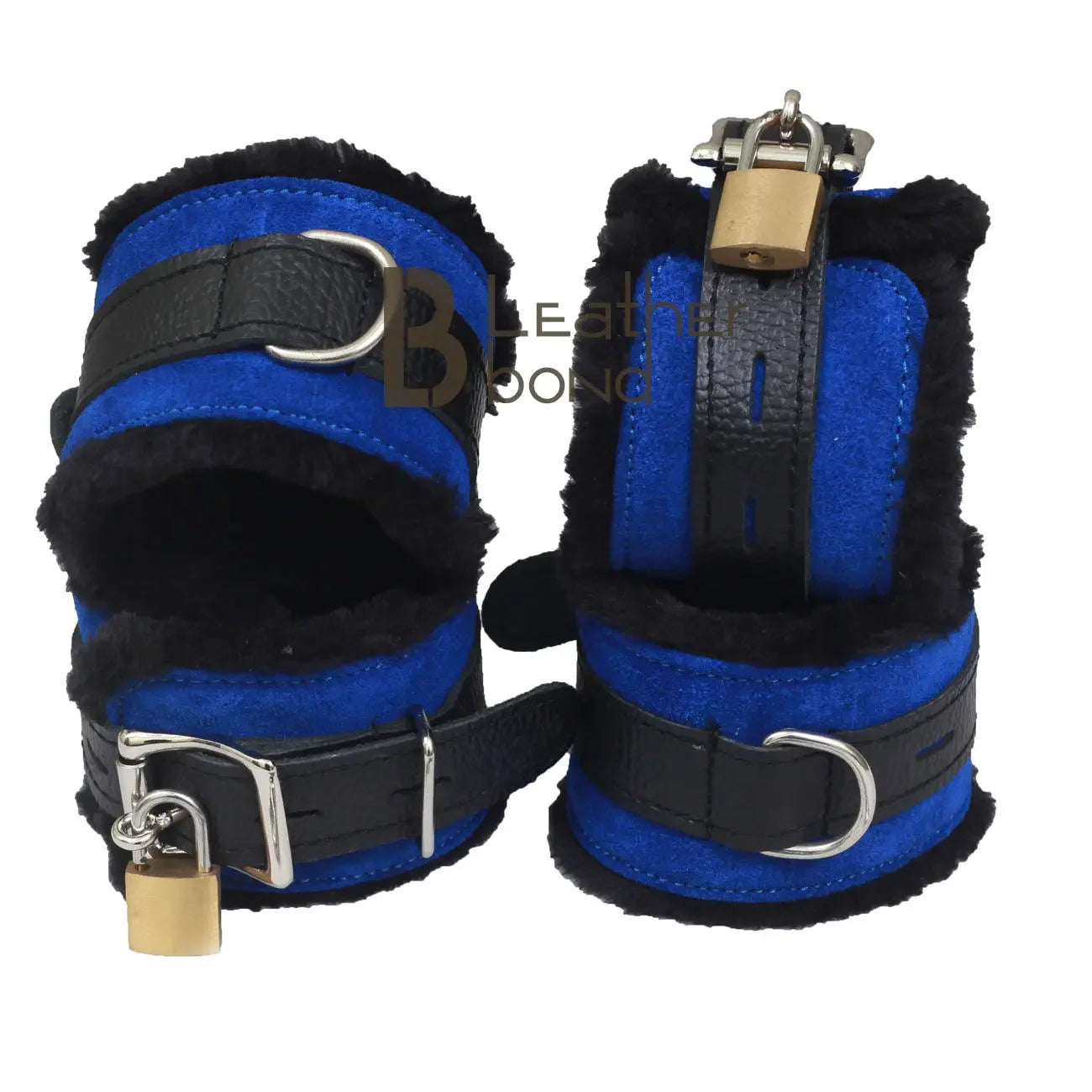 Real Cowhide Suede Leather Wrist and Ankle Cuffs Restraint Bondage Set Blue & Black 5 Piece Padded Fluffy Fur Lining