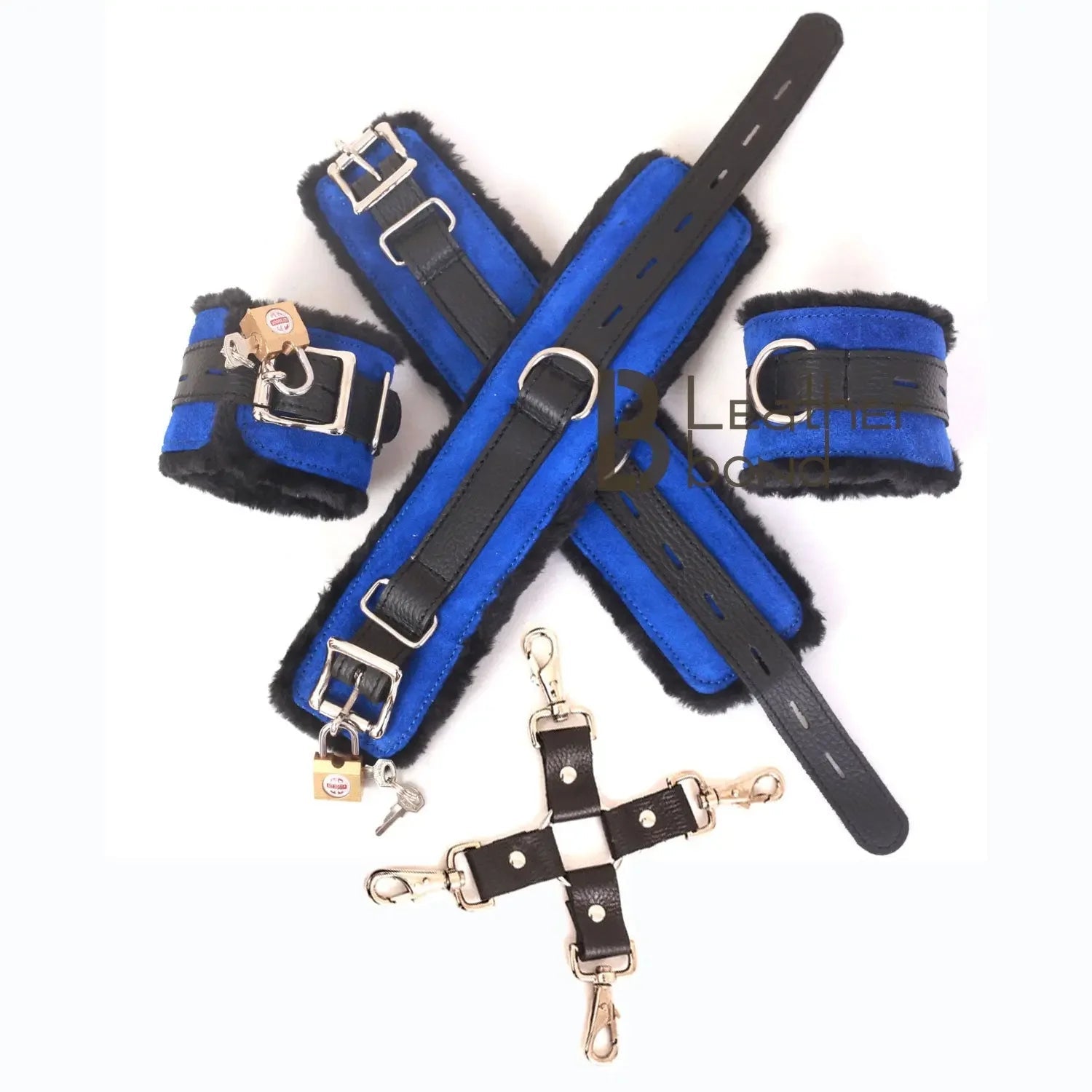 Real Cowhide Suede Leather Wrist and Ankle Cuffs Restraint Bondage Set Blue & Black 5 Piece Padded Fluffy Fur Lining