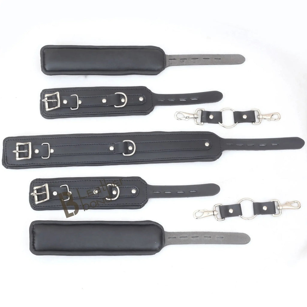 Real Cowhide Leather Wrist and Ankle Cuffs with Neck Collar Restraint Bondage Set Black 7 Piece Padded Cuffs with two connectors