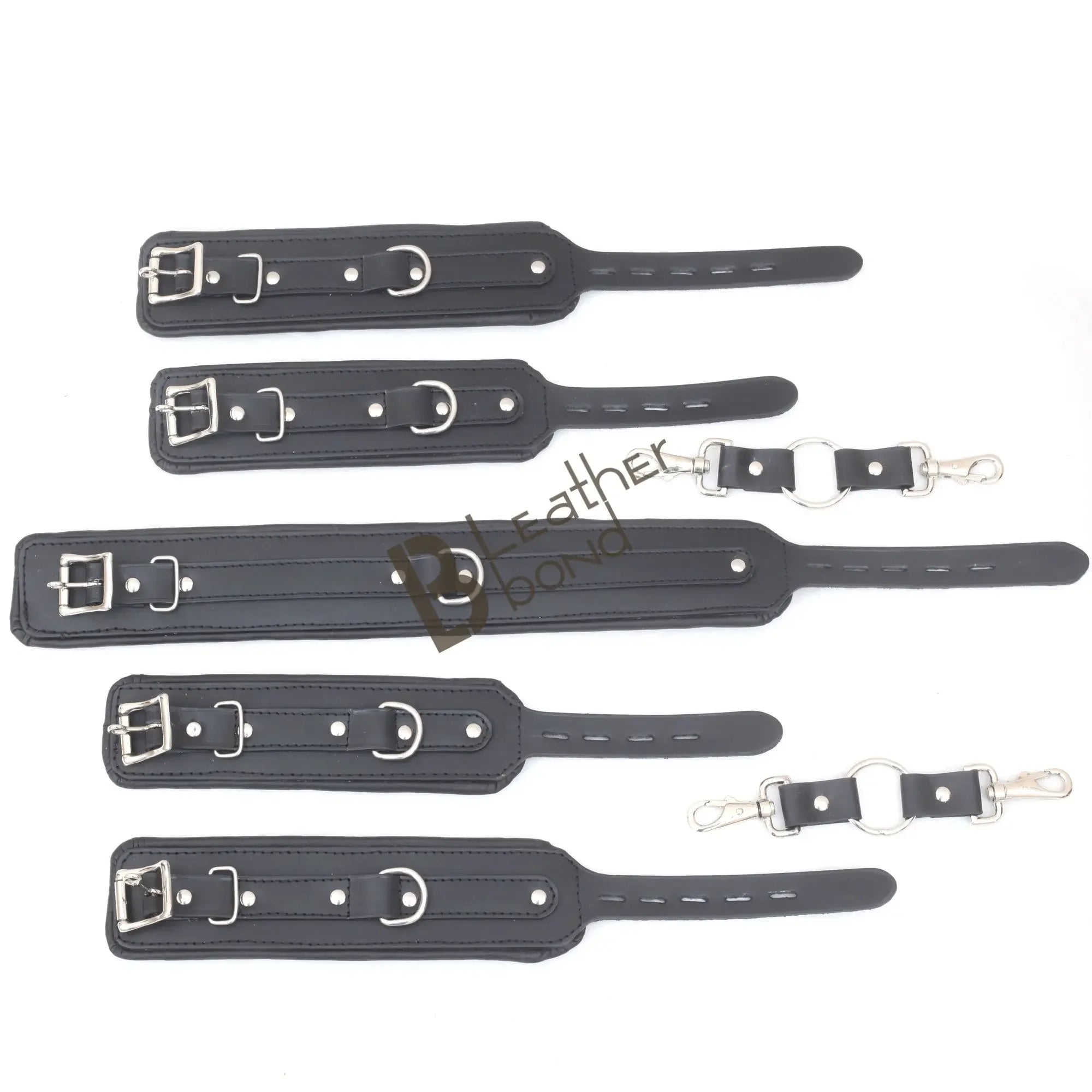 Real Cowhide Leather Wrist and Ankle Cuffs with Neck Collar Restraint Bondage Set Black 7 Piece Padded Cuffs with two connectors