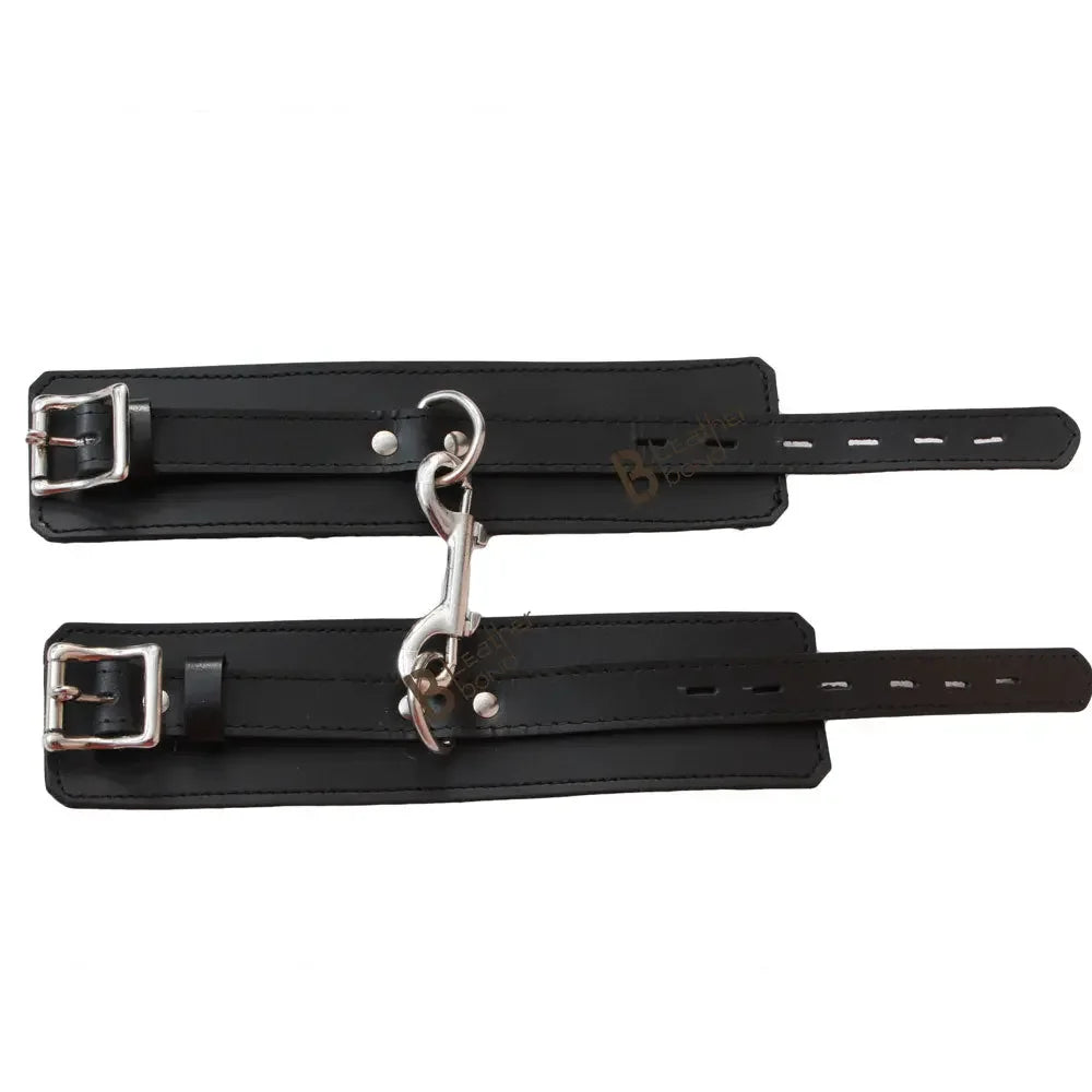Real Cowhide Leather Wrist Cuffs Set Restraint Bondage Set with Connector Black 2 Piece Fur Lining
