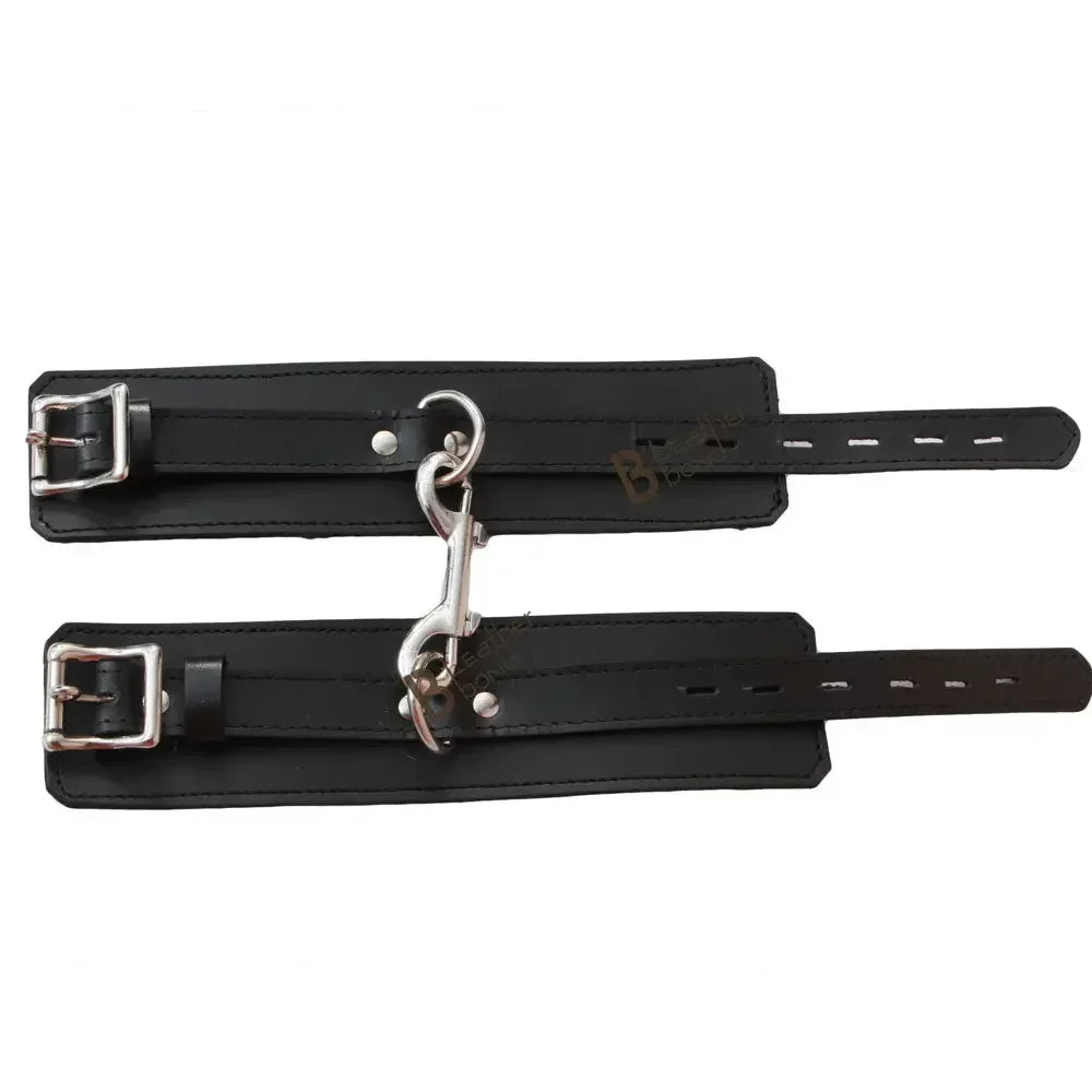 Real Cowhide Leather Wrist Cuffs 2 Piece Bondage Set With Connector Fur Lining