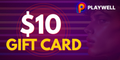 Promotional graphic for a PLAYWELL $10 gift card, featuring large white '$10' text and yellow 'GIFT CARD' text on a purple striped background with a blurred face profile on the right.