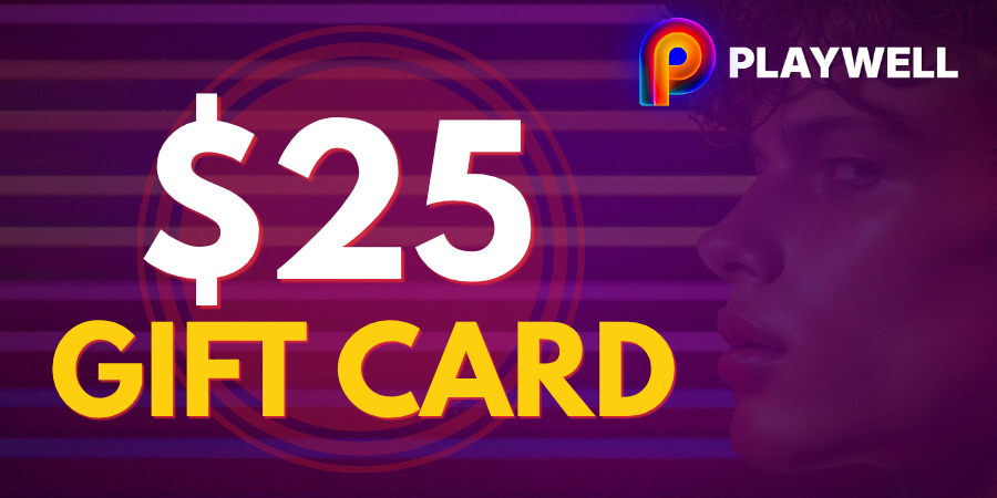 Promotional graphic for a PLAYWELL $25 gift card, featuring large white '$25' text and yellow 'GIFT CARD' text on a purple striped background with a blurred face profile on the right.