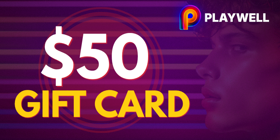 A promotional graphic for a PLAYWELL $50 gift card, featuring large white '$50' text and yellow 'GIFT CARD' text on a purple striped background with a blurred face profile on the right.
