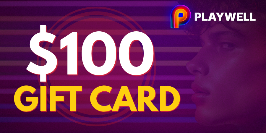 Promotional graphic for a PLAYWELL $100 gift card, featuring large white '$100' text and yellow 'GIFT CARD' text over a purple striped background with a stylized face on the right.