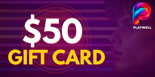 A promotional graphic for a PLAYWELL $50 gift card, featuring large white '$50' text and yellow 'GIFT CARD' text on a purple striped background with a stylized side profile of a person and the colorful PLAYWELL logo in the top right.