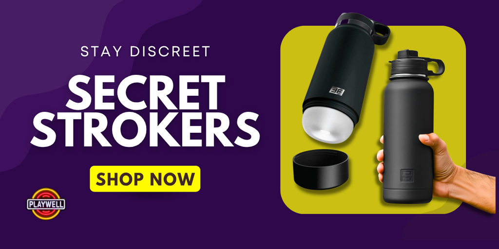 Promotional graphic for a black discreet water bottle with a hidden stroker. The right side shows a hand holding the closed bottle next to an exploded view of the open bottle revealing the white-striking mechanism, set against a yellow background.