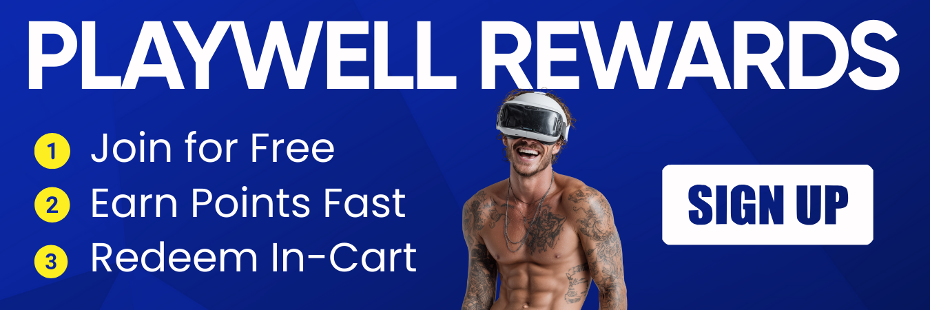 Promotional banner for Playwell Rewards with a man wearing a VR headset and 'Sign Up' button.