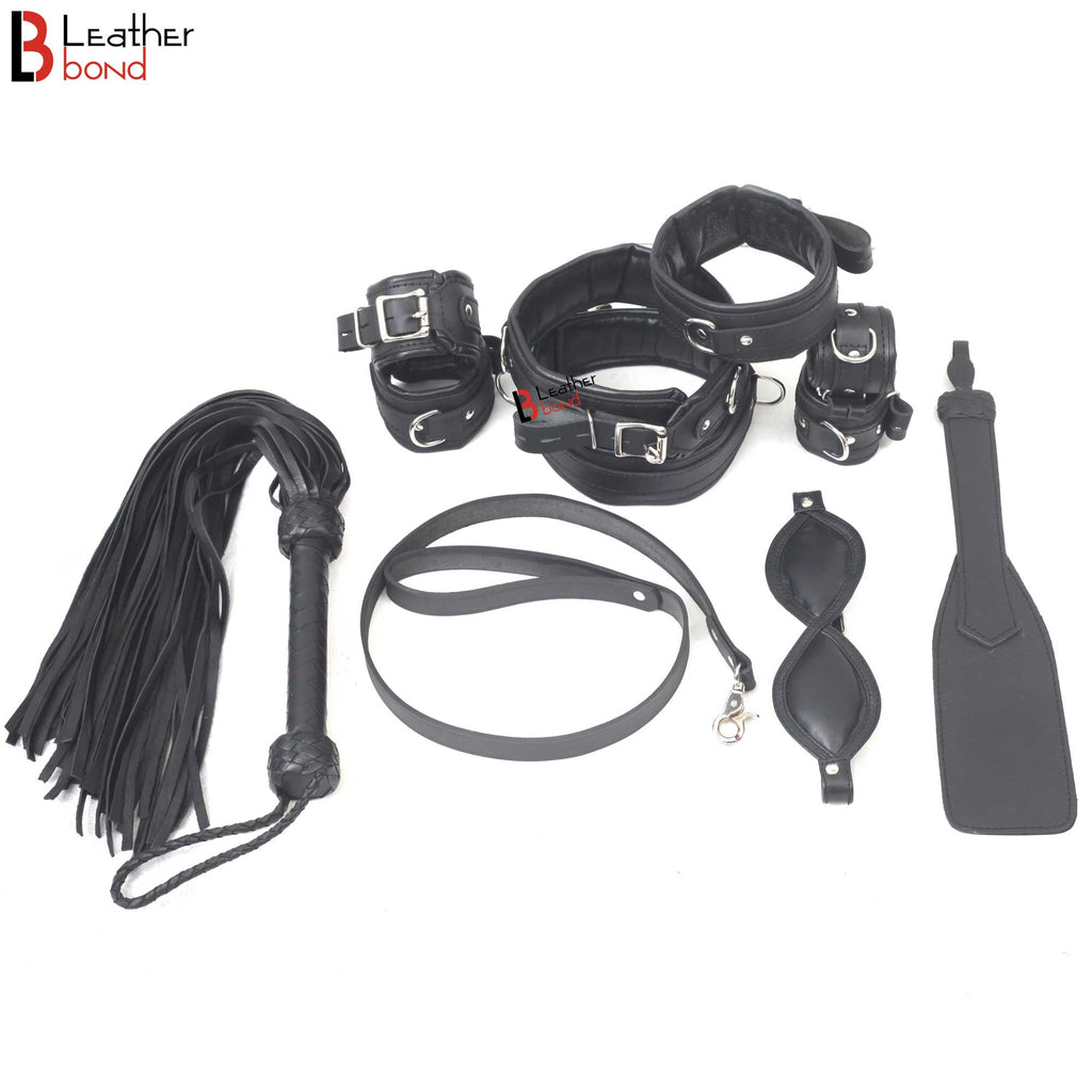 Beginners Bondage Set Black Cowhide Leather Restraint Starter BDSM Set Wrist Ankle & Thigh Cuffs Collar Set, Paddle, Flogger, Blind Fold and Leash