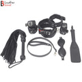 Beginners Bondage Set Black Cowhide Leather Restraint Starter BDSM Set Wrist Ankle & Thigh Cuffs Collar Set, Paddle, Flogger, Blind Fold and Leash