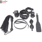 Beginners Bondage Set Black Cowhide Leather Restraint Starter BDSM Set Wrist Ankle & Thigh Cuffs Collar Set, Paddle, Flogger, Blind Fold and Leash