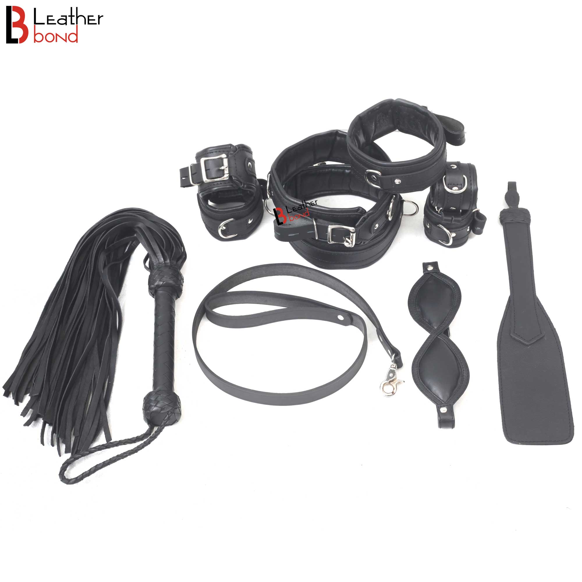 Beginners Bondage Set Black Cowhide Leather Restraint Starter BDSM Set Wrist Ankle & Thigh Cuffs Collar Set, Paddle, Flogger, Blind Fold and Leash