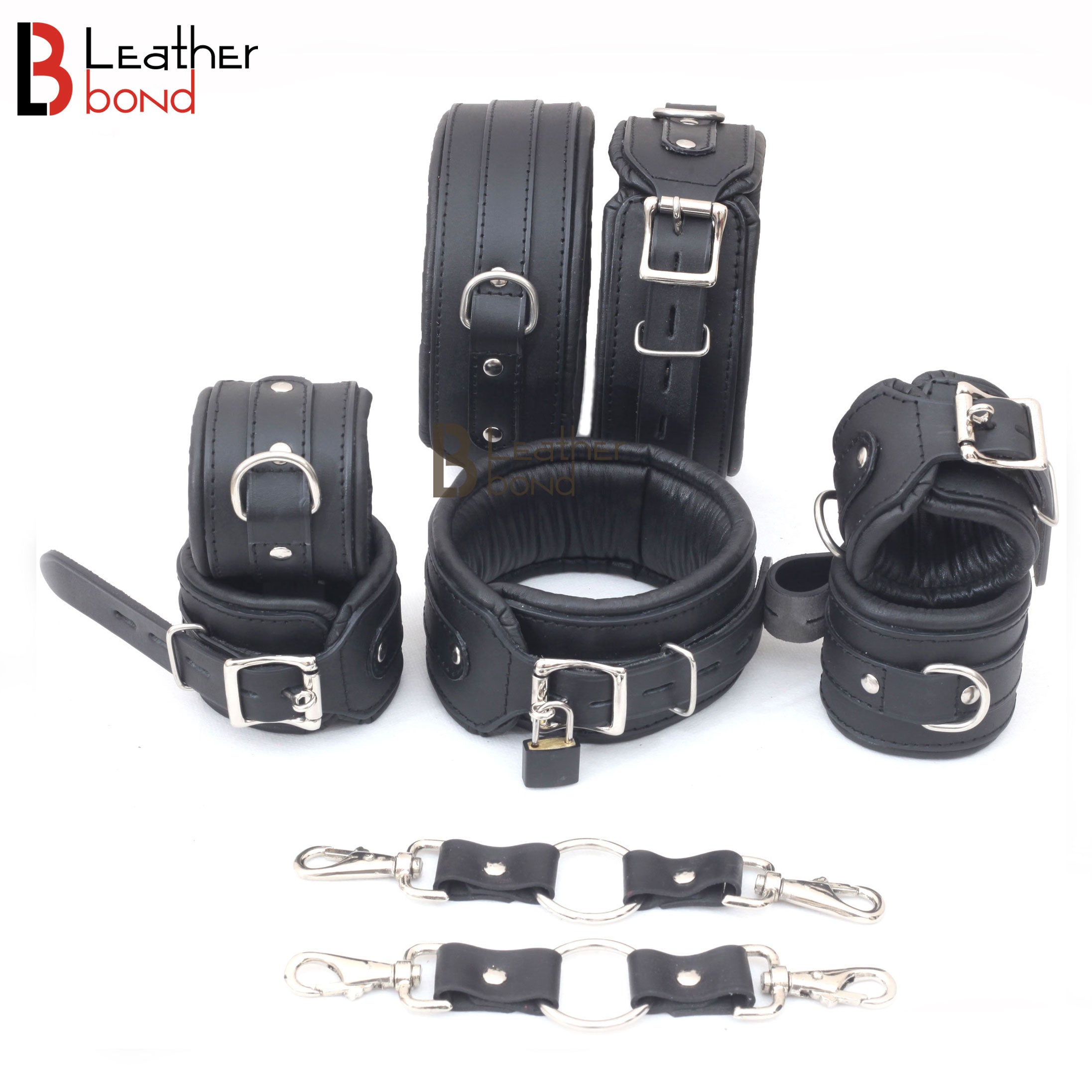 Beginners Bondage Set Black Cowhide Leather Restraint Starter BDSM Set Wrist Ankle & Thigh Cuffs Collar Set, Paddle, Flogger, Blind Fold and Leash