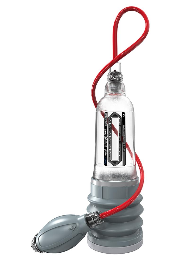 Clear container with red hose and gray base on a white background