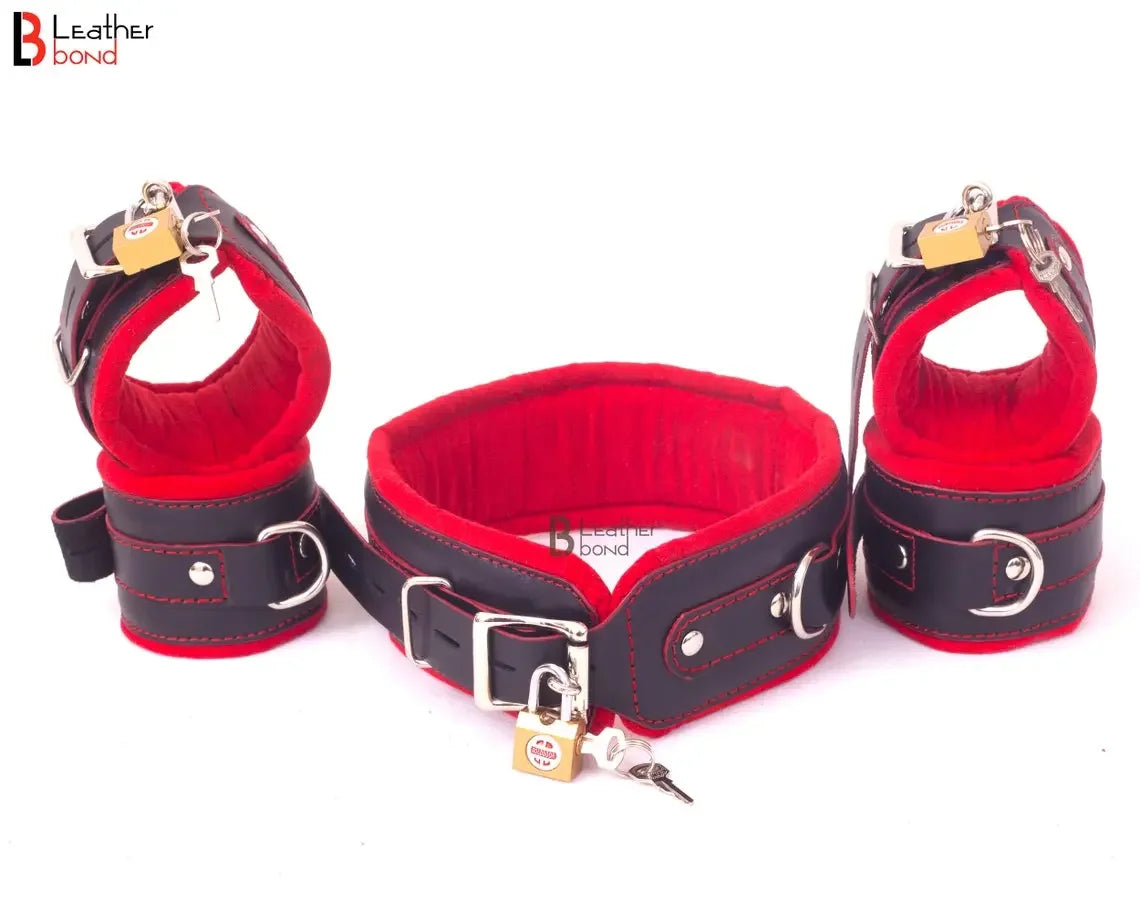 Real Cow Leather Wrist, Ankle Thigh Cuffs Collar Restraint Bondage Set Red Black 7 Piece Padded Cuffs