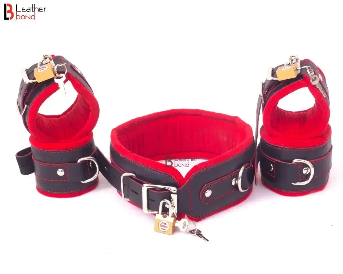 Cow Leather Cuffs Bondage Set 7 Piece with Collar Kit