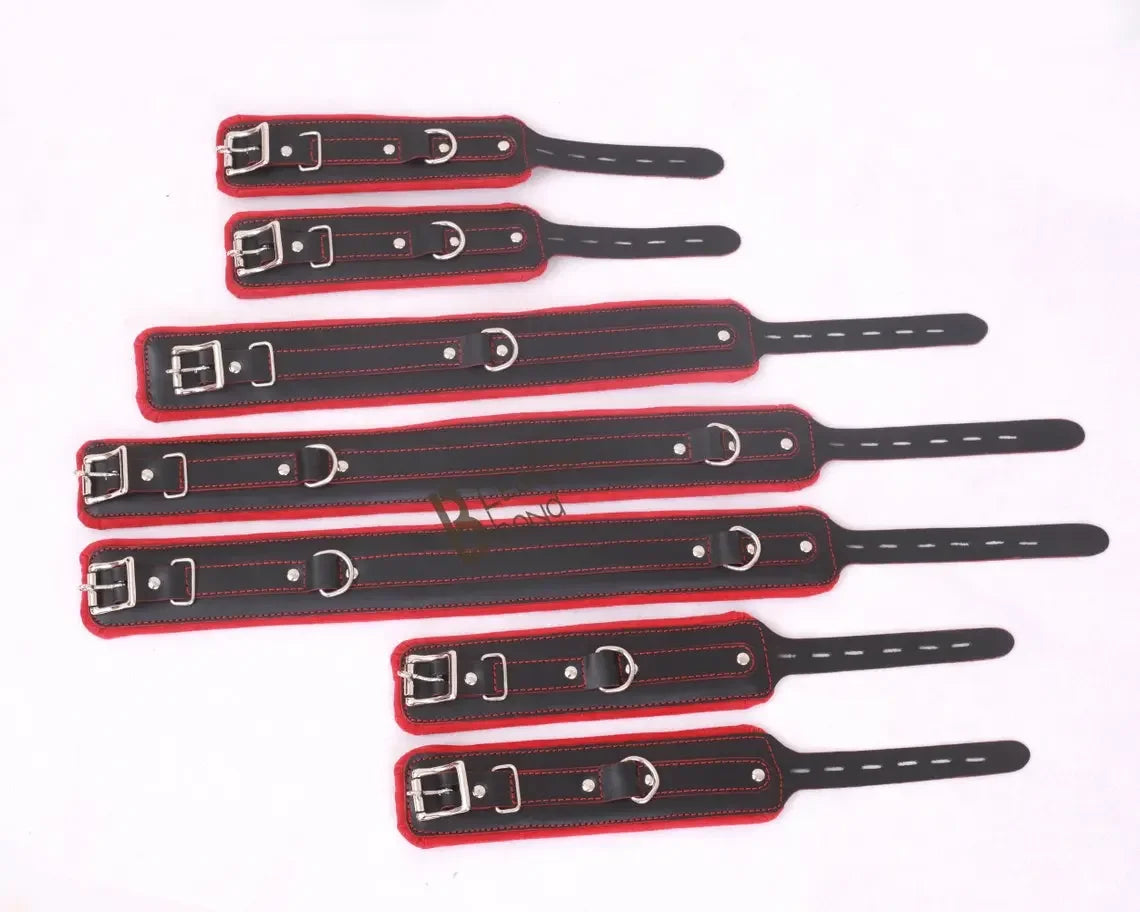 Real Cow Leather Wrist, Ankle Thigh Cuffs Collar Restraint Bondage Set Red Black 7 Piece Padded Cuffs