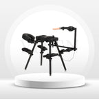 Black mechanical arm and chair setup on a white platform with a white background