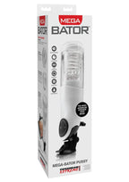 Mega Bator brand packaging. half white half clear-this automatic male pleasure system comes with a mount for hands free enjoyment. 