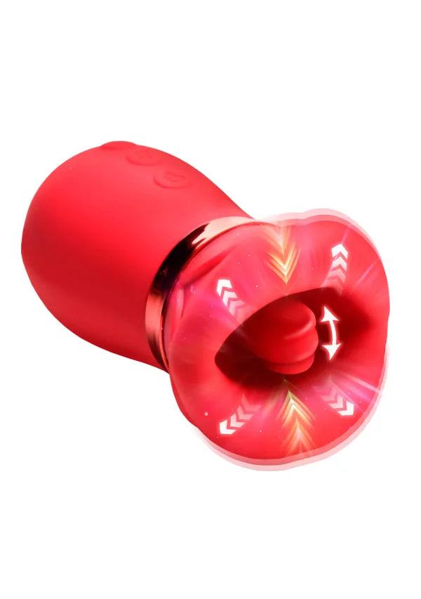 A red personal massager with a translucent red flared head with directional arrows demonstrating vibrations, shown on a plain white background.