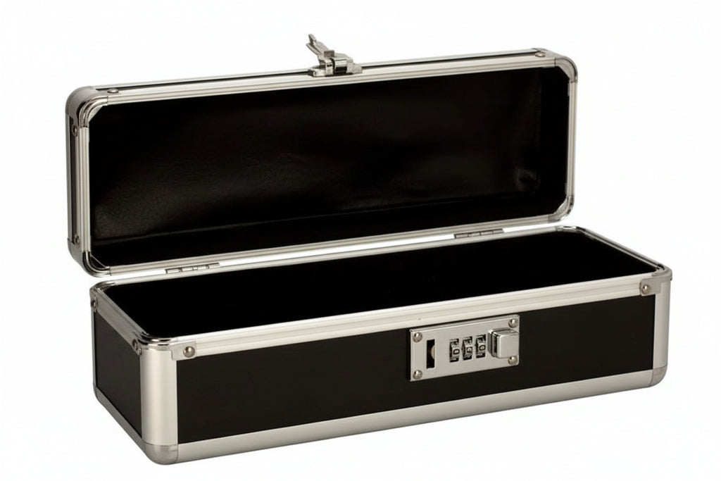 A black hard case with silver metal trim and an open lid, featuring a combination lock on the front.