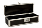 A black hard case with silver metal trim and an open lid, featuring a combination lock on the front.