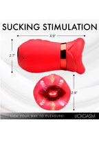 Red Lickgasm suction stimulator shown with dimension callouts and text reading 'SUCKING STIMULATION' on a white background.