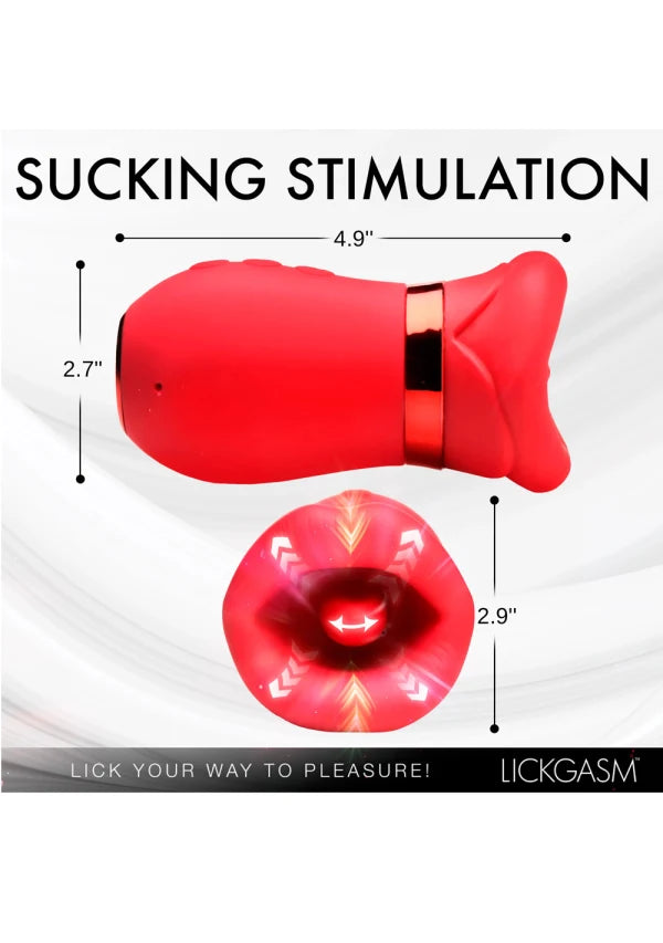 Red Lickgasm suction stimulator shown with dimension callouts and text reading 'SUCKING STIMULATION' on a white background.
