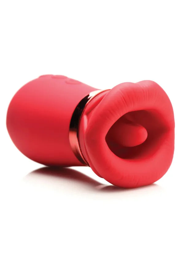 A red personal massager with a matte finish and a metallic silver accent ring, shown on a clean white background.