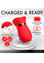 Red Lickgasm electric lube toy with a charging cable, displayed on a white pedestal with text overlays detailing its charging and running times.